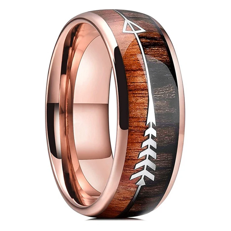 8mm Men's Rose Gold Color Stainless Steel Rings Hawaiian Koa Wood And Abalone Shell Opal Inlay Ring Men's Wedding Band Jewelry