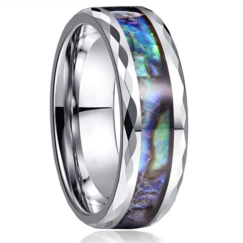 8mm Men's Rose Gold Color Stainless Steel Rings Hawaiian Koa Wood And Abalone Shell Opal Inlay Ring Men's Wedding Band Jewelry