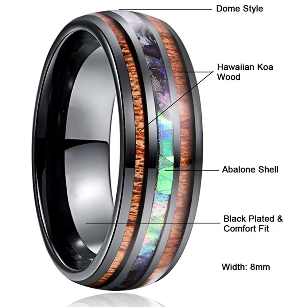 8mm Men's Rose Gold Color Stainless Steel Rings Hawaiian Koa Wood And Abalone Shell Opal Inlay Ring Men's Wedding Band Jewelry