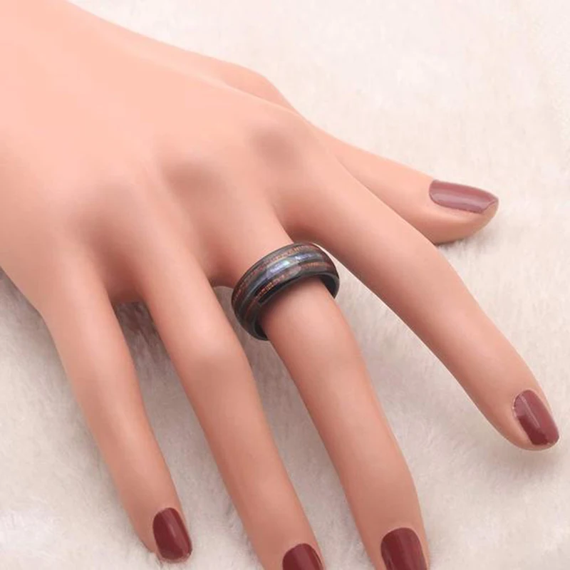 8mm Men's Rose Gold Color Stainless Steel Rings Hawaiian Koa Wood And Abalone Shell Opal Inlay Ring Men's Wedding Band Jewelry