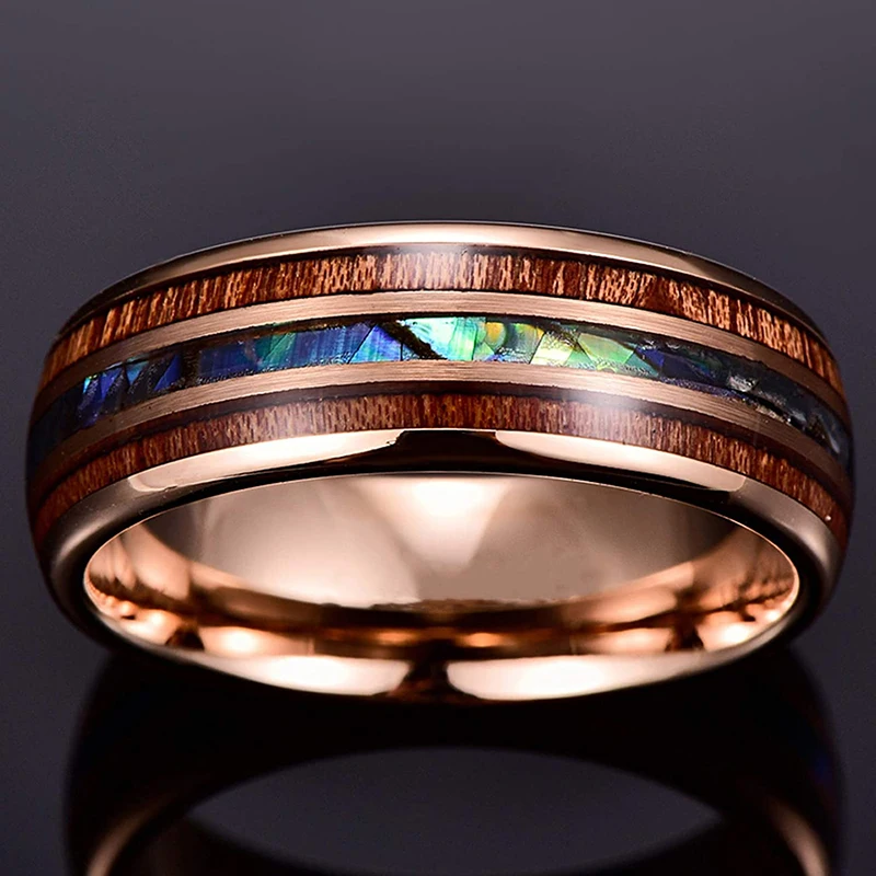 8mm Men's Rose Gold Color Stainless Steel Rings Hawaiian Koa Wood And Abalone Shell Opal Inlay Ring Men's Wedding Band Jewelry