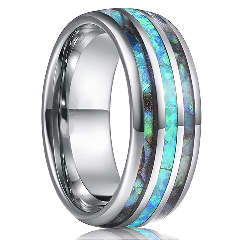 8mm Men's Rose Gold Color Stainless Steel Rings Hawaiian Koa Wood And Abalone Shell Opal Inlay Ring Men's Wedding Band Jewelry
