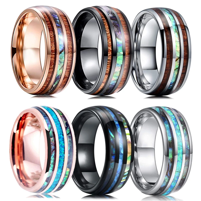 8mm Men's Rose Gold Color Stainless Steel Rings Hawaiian Koa Wood And Abalone Shell Opal Inlay Ring Men's Wedding Band Jewelry