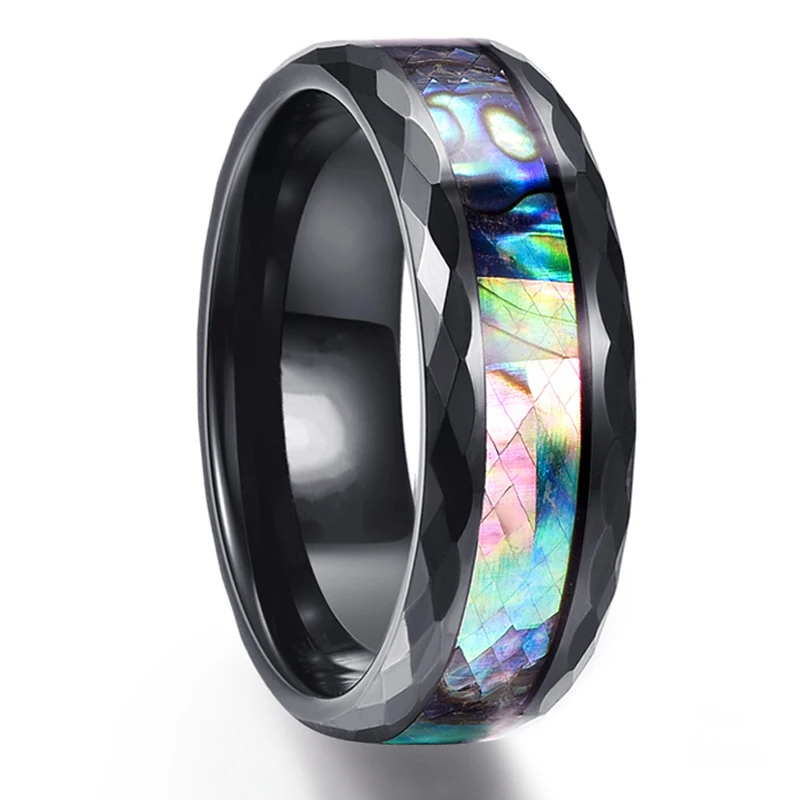 8mm Men's Rose Gold Color Stainless Steel Rings Hawaiian Koa Wood And Abalone Shell Opal Inlay Ring Men's Wedding Band Jewelry