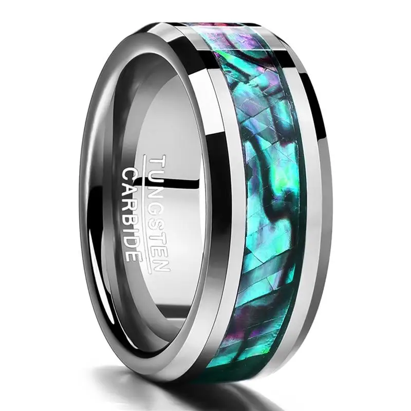 8mm Men's Rose Gold Color Stainless Steel Rings Hawaiian Koa Wood And Abalone Shell Opal Inlay Ring Men's Wedding Band Jewelry