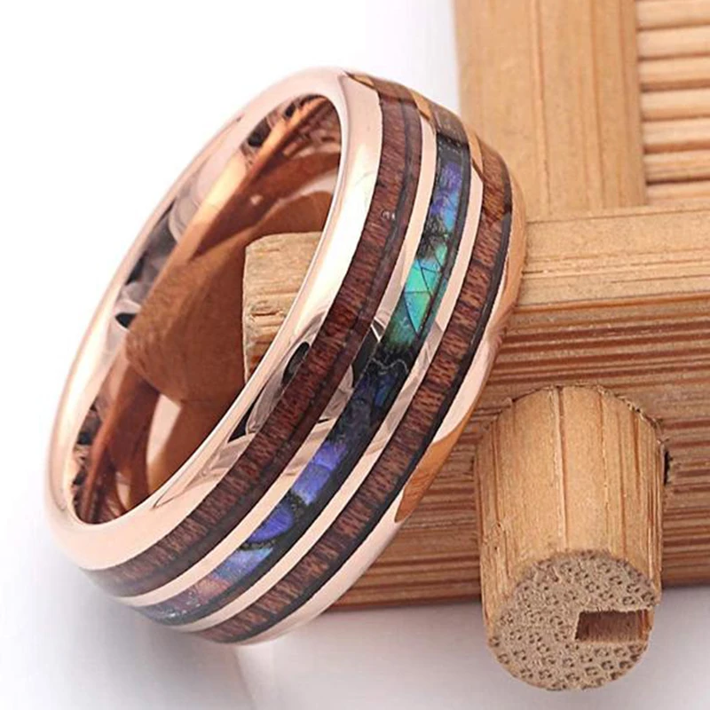 8mm Men's Rose Gold Color Stainless Steel Rings Hawaiian Koa Wood And Abalone Shell Opal Inlay Ring Men's Wedding Band Jewelry