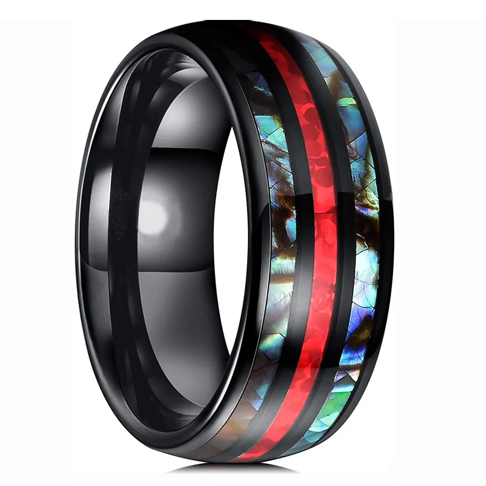 8mm Men's Rose Gold Color Stainless Steel Rings Hawaiian Koa Wood And Abalone Shell Opal Inlay Ring Men's Wedding Band Jewelry