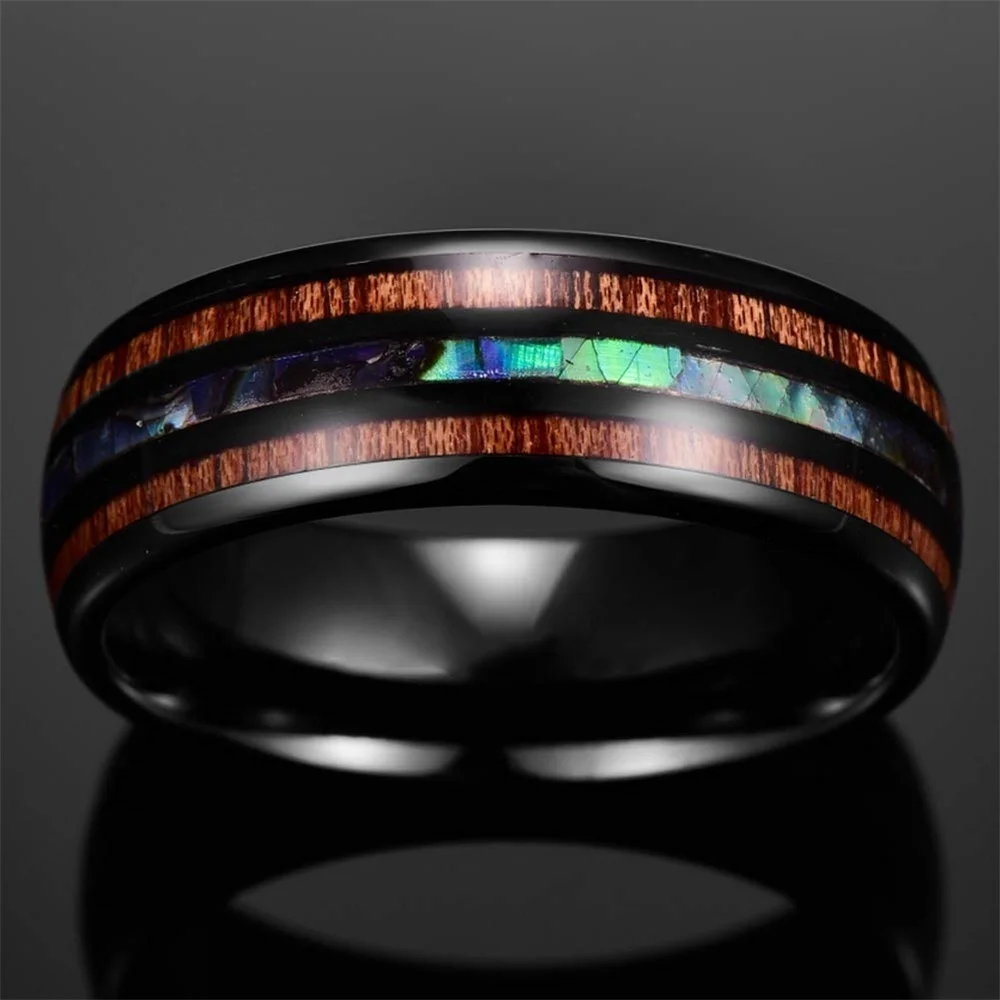 8mm Men's Rose Gold Color Stainless Steel Rings Hawaiian Koa Wood And Abalone Shell Opal Inlay Ring Men's Wedding Band Jewelry