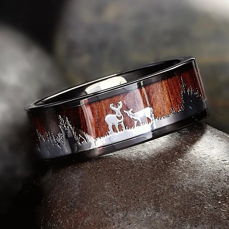 8mm Men's Rose Gold Color Stainless Steel Rings Hawaiian Koa Wood And Abalone Shell Opal Inlay Ring Men's Wedding Band Jewelry
