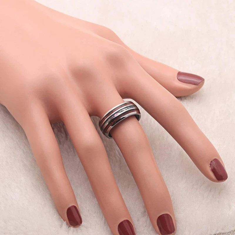 8mm Men's Rose Gold Color Stainless Steel Rings Hawaiian Koa Wood And Abalone Shell Opal Inlay Ring Men's Wedding Band Jewelry