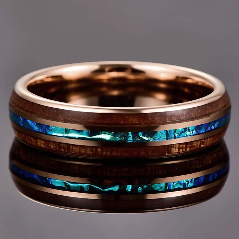 8mm Men's Rose Gold Color Stainless Steel Rings Hawaiian Koa Wood And Abalone Shell Opal Inlay Ring Men's Wedding Band Jewelry