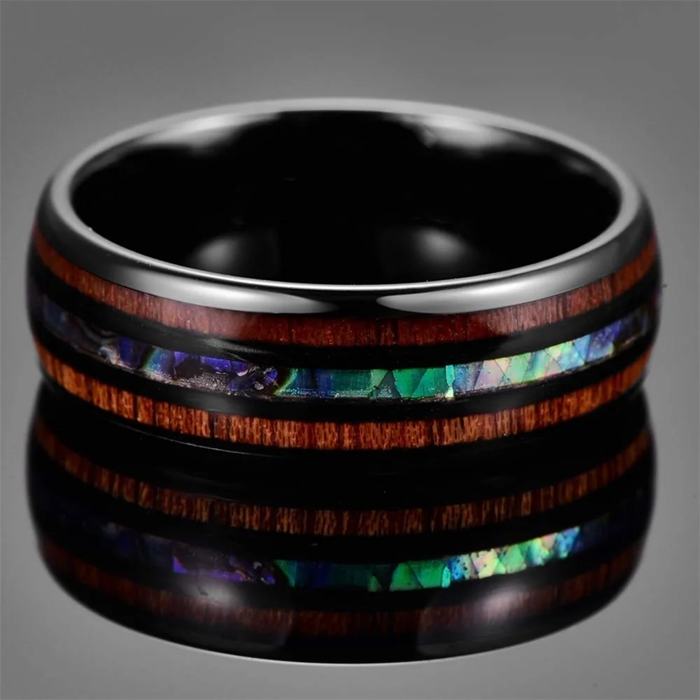8mm Men's Rose Gold Color Stainless Steel Rings Hawaiian Koa Wood And Abalone Shell Opal Inlay Ring Men's Wedding Band Jewelry