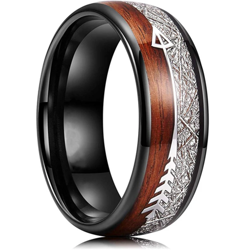 8mm Men's Rose Gold Color Stainless Steel Rings Hawaiian Koa Wood And Abalone Shell Opal Inlay Ring Men's Wedding Band Jewelry