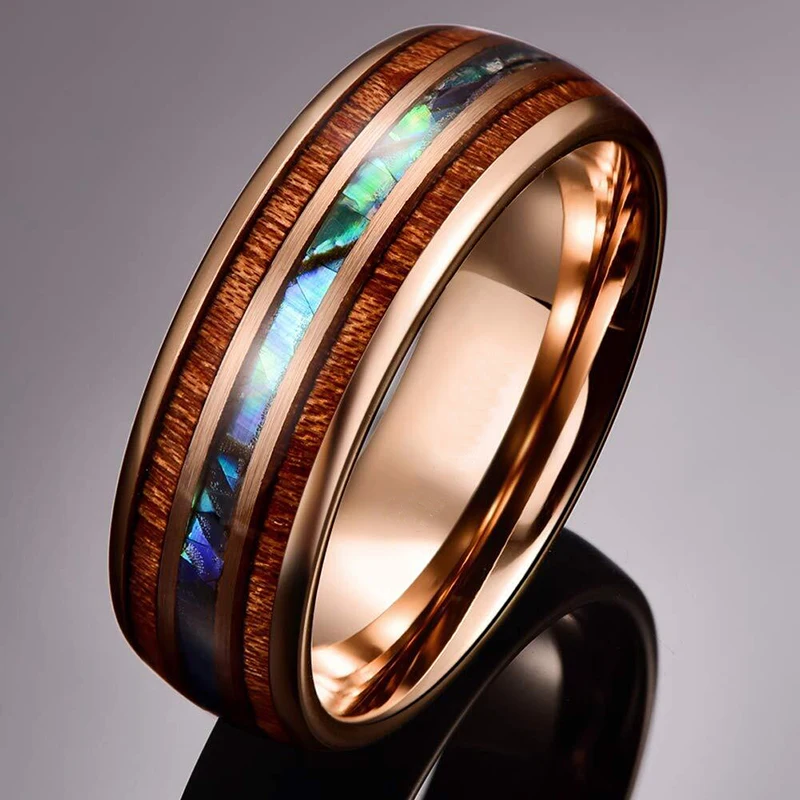 8mm Men's Rose Gold Color Stainless Steel Rings Hawaiian Koa Wood And Abalone Shell Opal Inlay Ring Men's Wedding Band Jewelry