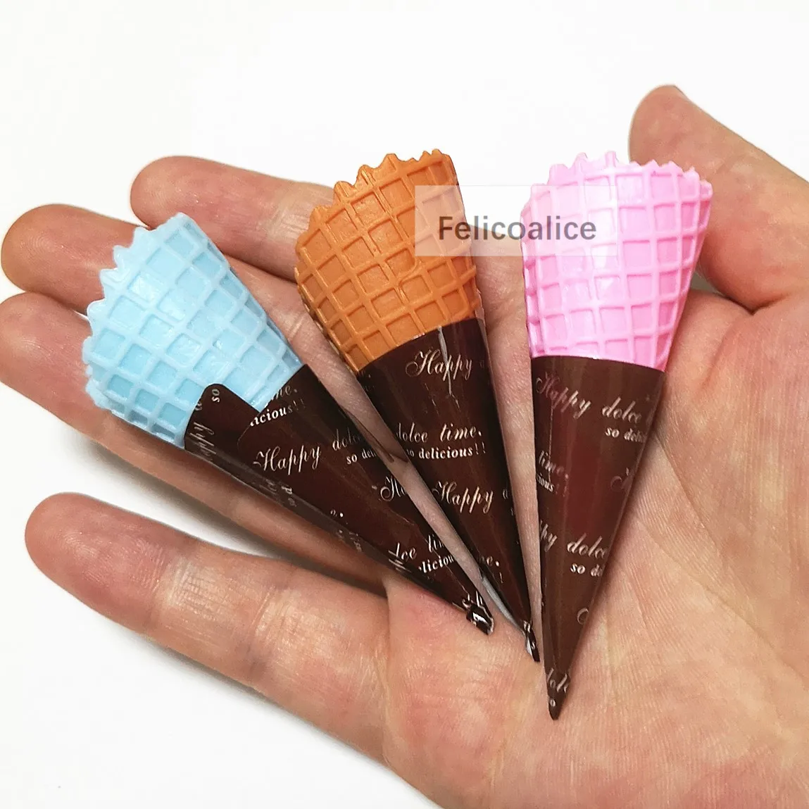 3pcs 7CM 3D Resin Simulation Ice Cream Cone Cabochon Decoration Crafts Miniature Fake Food Embellishments for DIY Scrapbooking