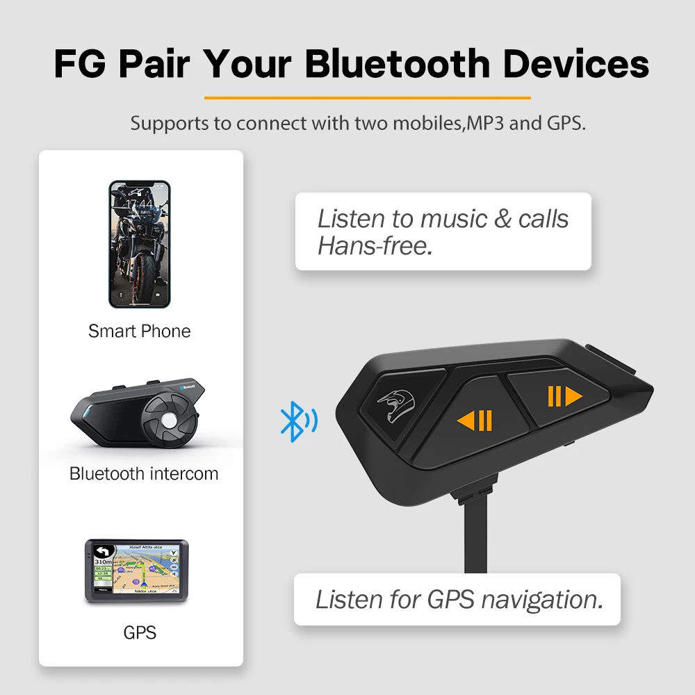 Freedconn FG Bluetooth Motorcycle Helmet Intercom Headset 1000M BT5.0 Interphone Communicator 10Riders Waterproof FM Radio Music