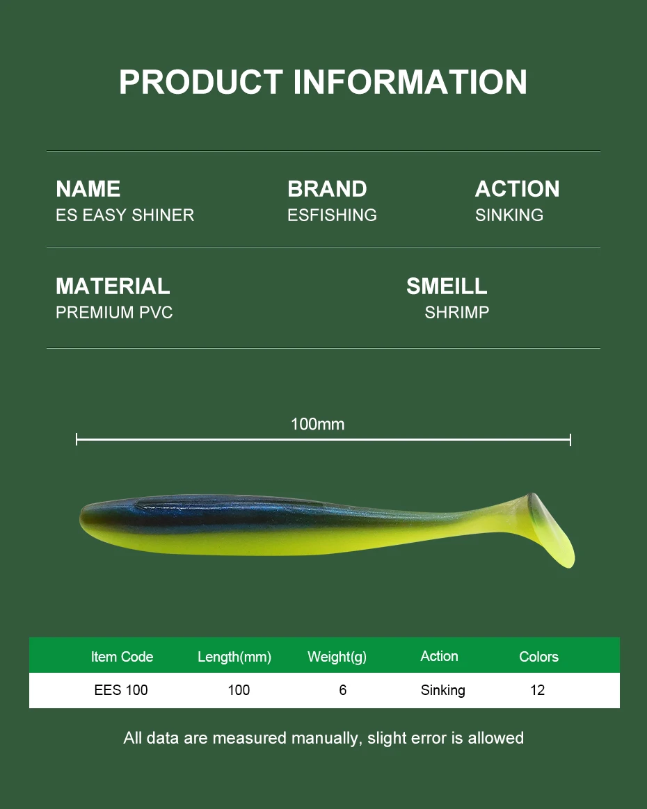 ESFISHING Fishing Lure ES Easy Shiner 100mm 6pcs T Tail Shad Plastic Bait Pesca For Pike Perch Zander