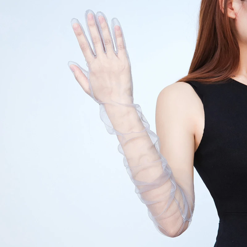 Women Ultra Tulle Gloves Mesh Sheers Full Finger Elbow Long Gloves Female Vintage Sunscreen Gloves Wedding Bride Dress Mittens