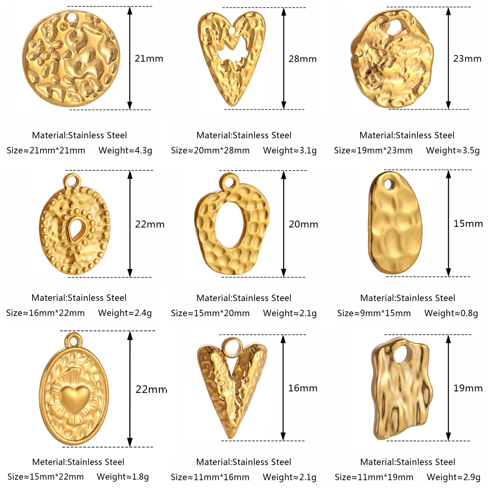 3pcs Stainless Steel Irregular Geometry Heart Charms For Jewelry Embossed Gold Color Plated DIY Earring Necklace Making Supplies