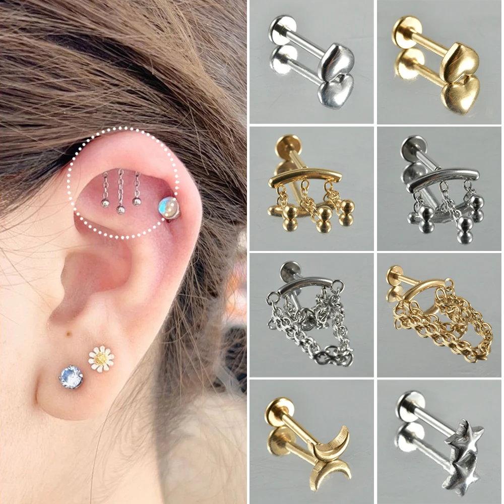 1PC-5PCS Surgical Steel Ear Cartilage Drop Chain Lip Studs Gold/Silver Labret Tragus Helix Earring Daith Lobe Piercing Jewelry
