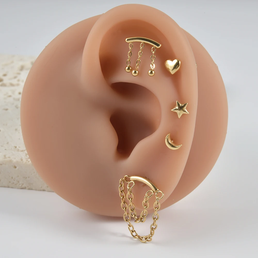 1PC-5PCS Surgical Steel Ear Cartilage Drop Chain Lip Studs Gold/Silver Labret Tragus Helix Earring Daith Lobe Piercing Jewelry