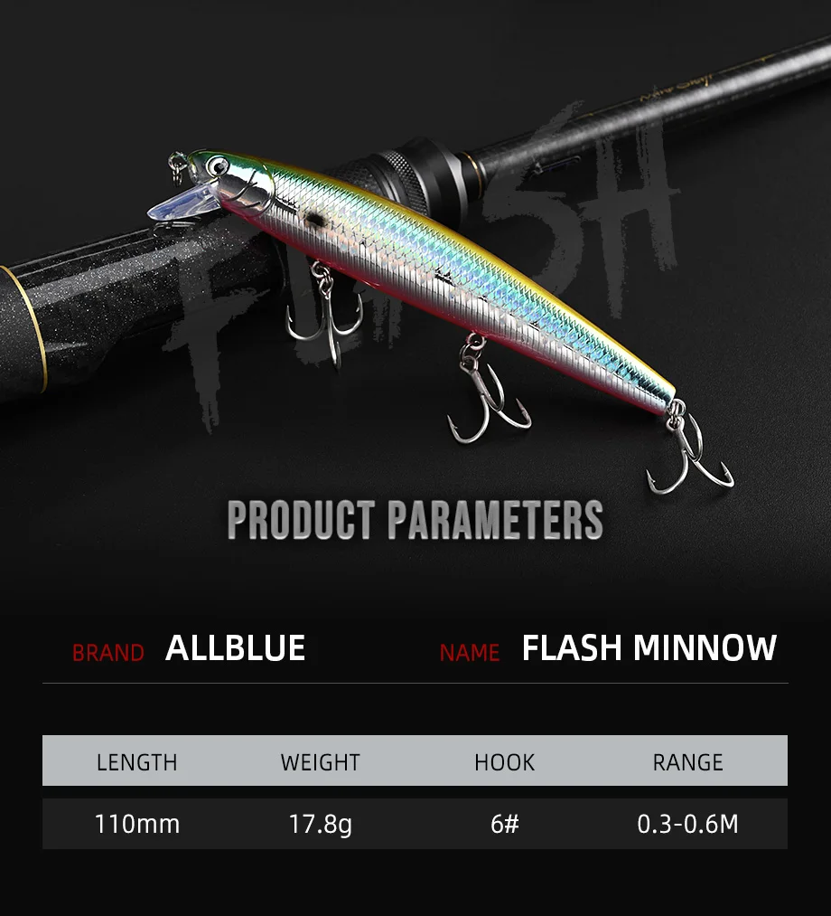 ALLBLUE FlashMinnow 110 Fishing Lure 110mm 17.8g Glow Jerkbait Wobbler Slow Suspending Minnow Plastic Bait Bass Pike Tackle