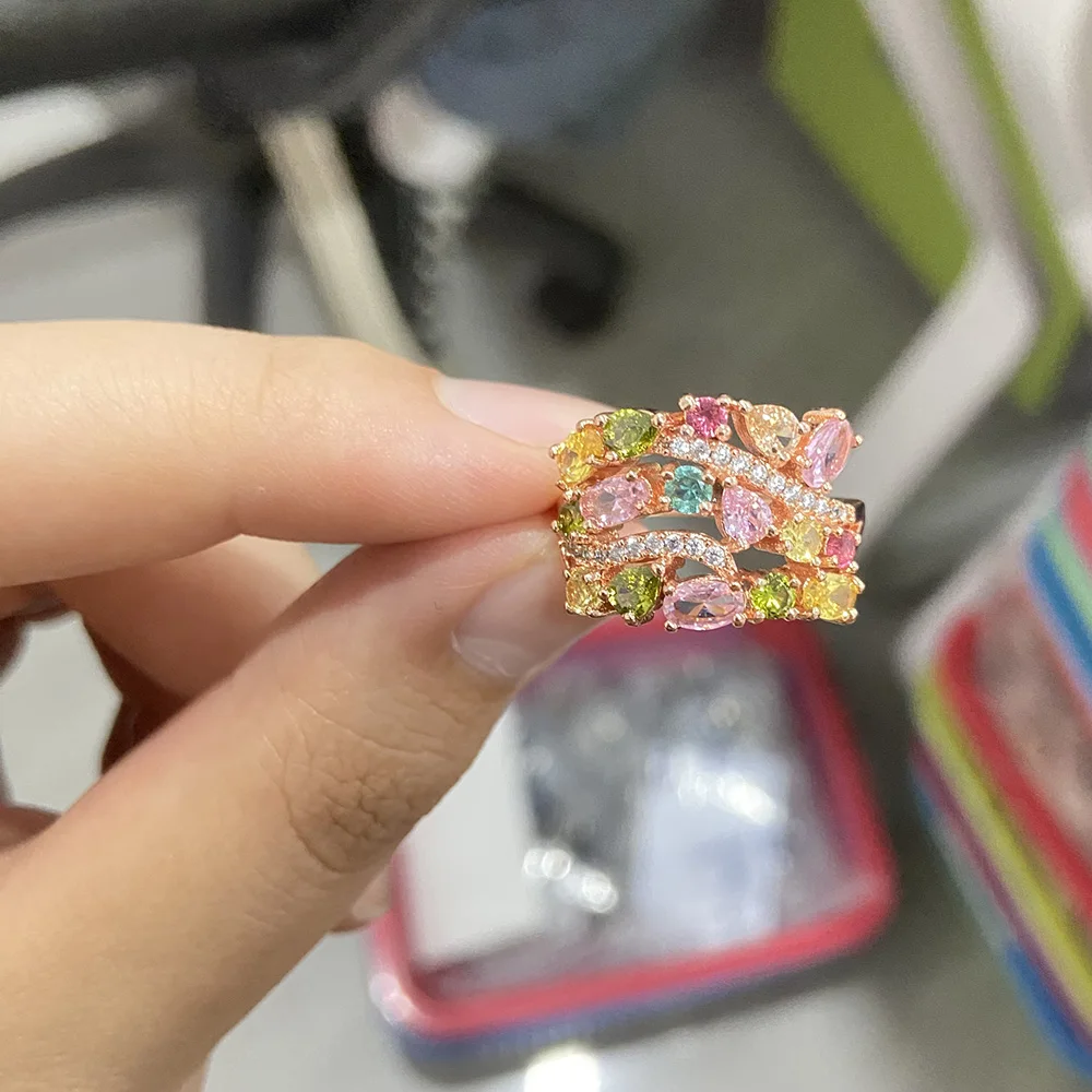 Rose Gold Color Rainbow Colorful Zirconia Bracelet for Women Girls 22CM Long Luxury Wedding Bangle Vintage Party Jewelry Gift