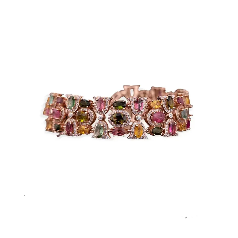 Rose Gold Color Rainbow Colorful Zirconia Bracelet for Women Girls 22CM Long Luxury Wedding Bangle Vintage Party Jewelry Gift