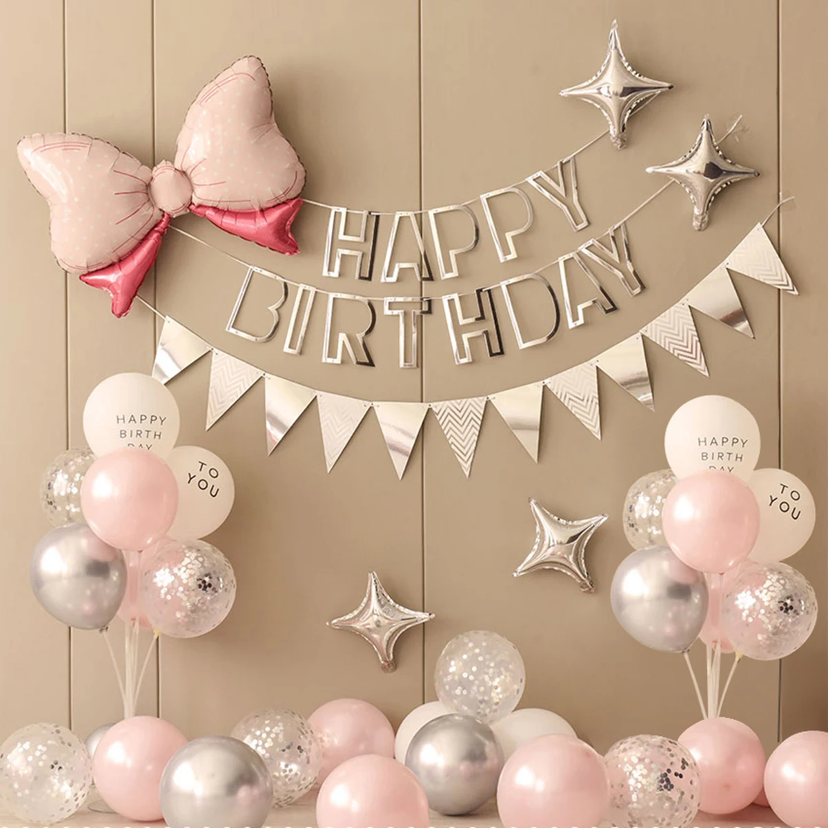36PCS Pink and Silver Simple Birthday Balloon Party Decorative Set