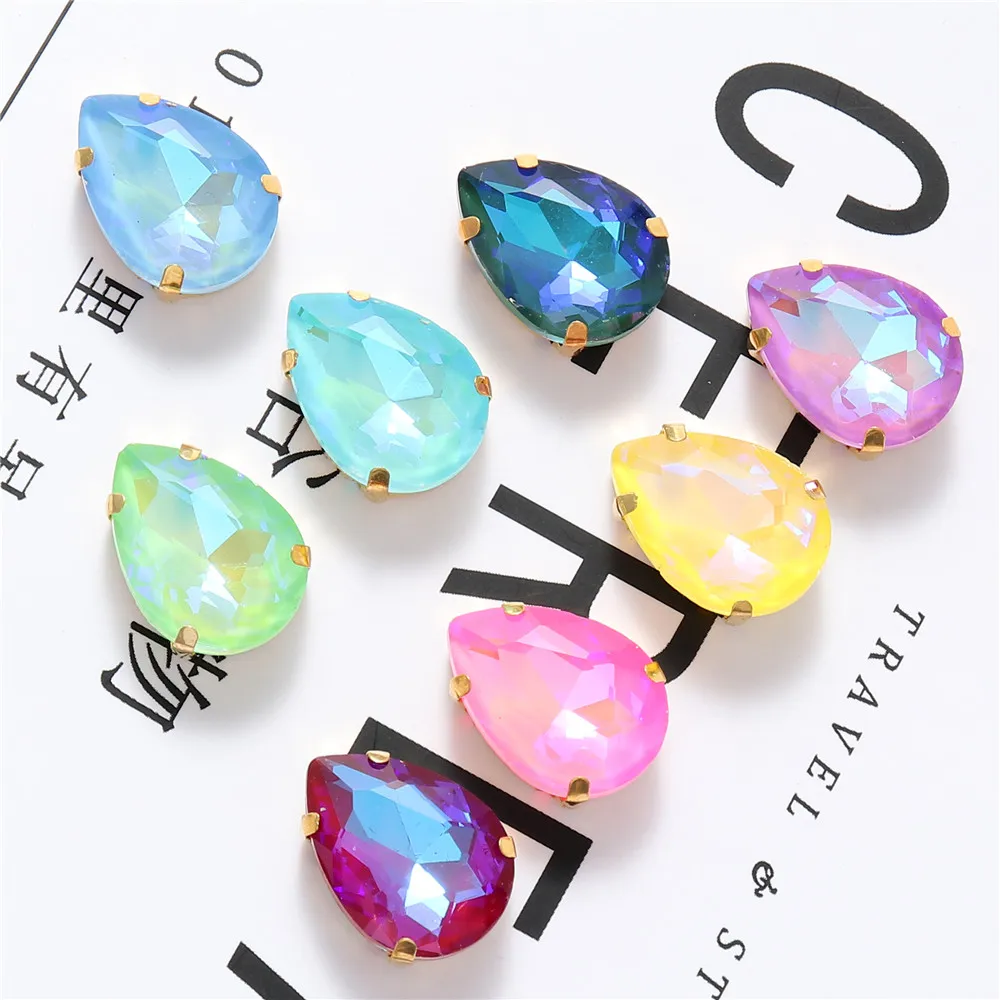 New Teardrop Glass Sew On Rhinestones With Gold Claw Glitter Crystals Stones For Sewing Clothes Shoes Diy 10x14mm 13x18mm