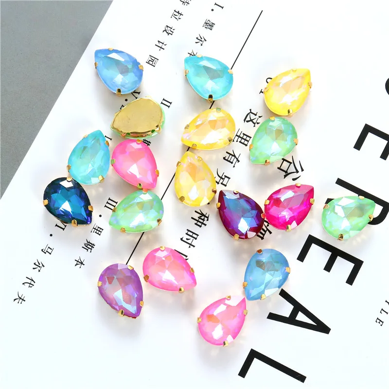 New Teardrop Glass Sew On Rhinestones With Gold Claw Glitter Crystals Stones For Sewing Clothes Shoes Diy 10x14mm 13x18mm