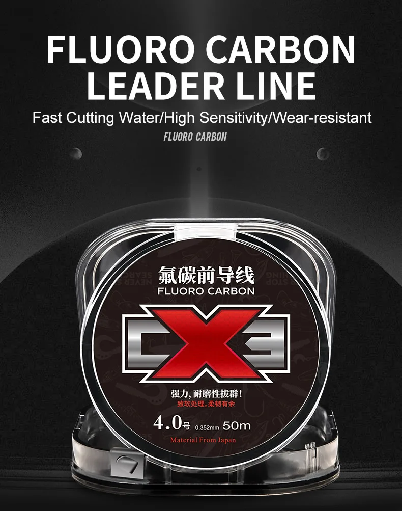 Kingdom CX3 Fluorocarbon Fishing Lines 50m Super Smooth & Stiff Monofilament Leader Carbon Fishing Line Invisible Sinking Line