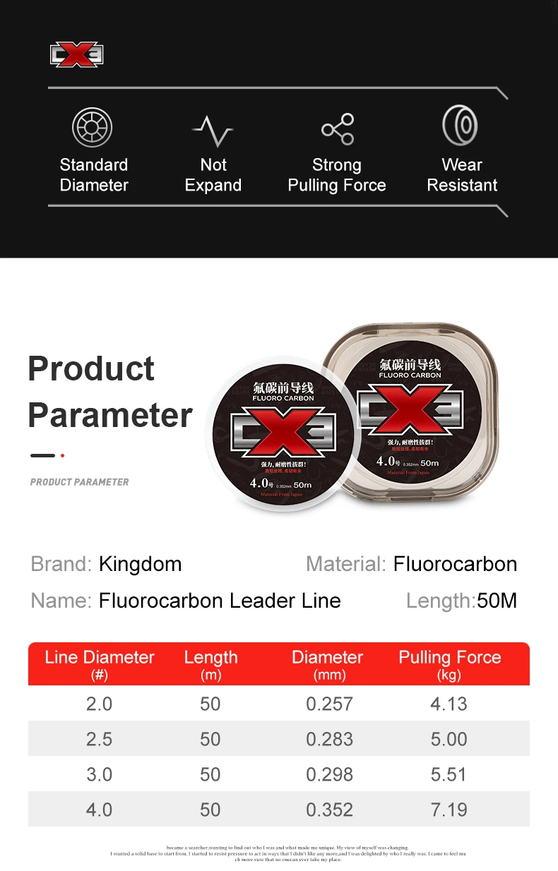 Kingdom CX3 Fluorocarbon Fishing Lines 50m Super Smooth & Stiff Monofilament Leader Carbon Fishing Line Invisible Sinking Line