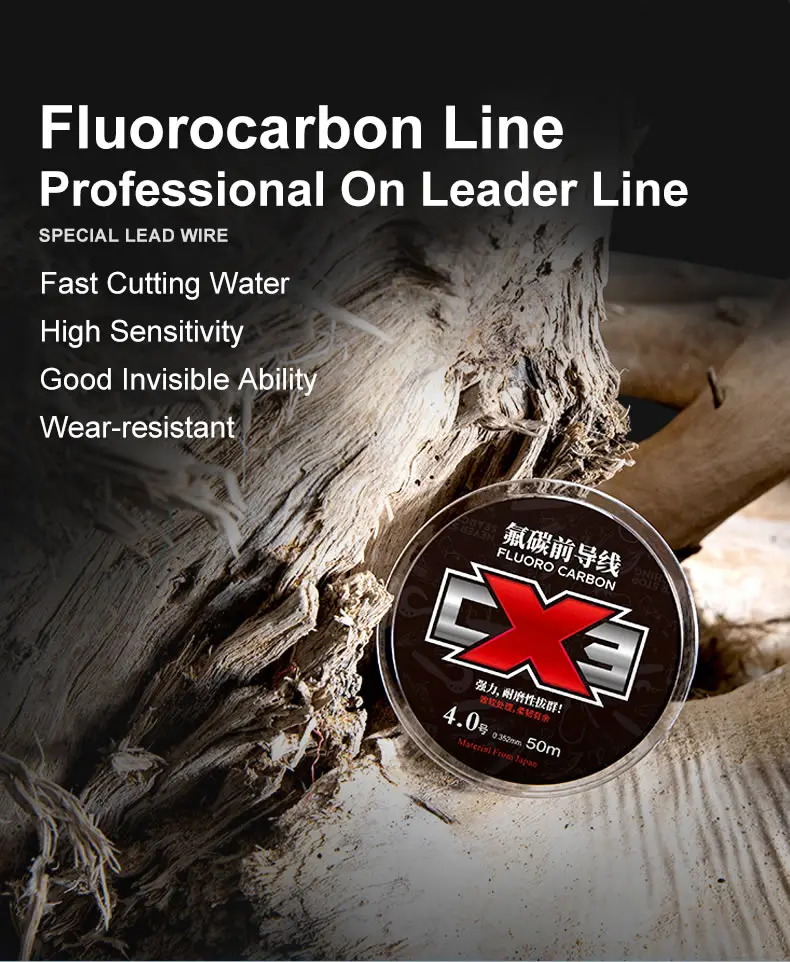 Kingdom CX3 Fluorocarbon Fishing Lines 50m Super Smooth & Stiff Monofilament Leader Carbon Fishing Line Invisible Sinking Line
