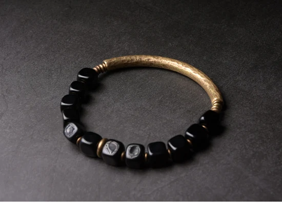Cubic Black Obsidian Stone Golden Metal Bracelet With Handcrafted Antique Brass Accessories Trendy Jewelry for Male Female