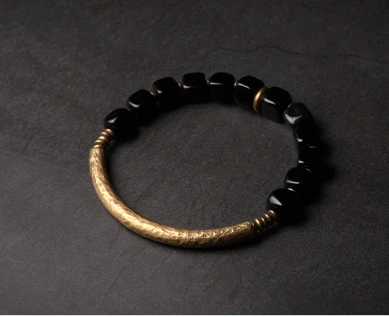 Cubic Black Obsidian Stone Golden Metal Bracelet With Handcrafted Antique Brass Accessories Trendy Jewelry for Male Female