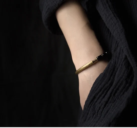 Cubic Black Obsidian Stone Golden Metal Bracelet With Handcrafted Antique Brass Accessories Trendy Jewelry for Male Female