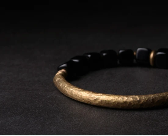 Cubic Black Obsidian Stone Golden Metal Bracelet With Handcrafted Antique Brass Accessories Trendy Jewelry for Male Female