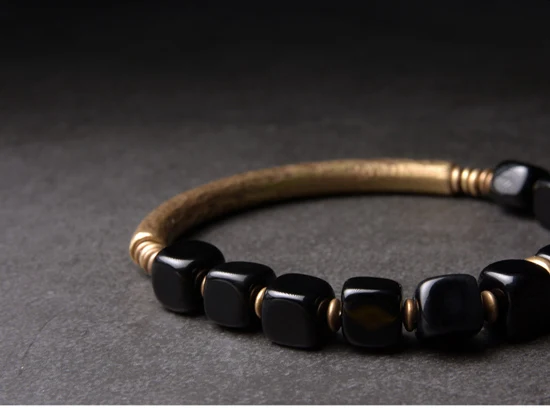 Cubic Black Obsidian Stone Golden Metal Bracelet With Handcrafted Antique Brass Accessories Trendy Jewelry for Male Female
