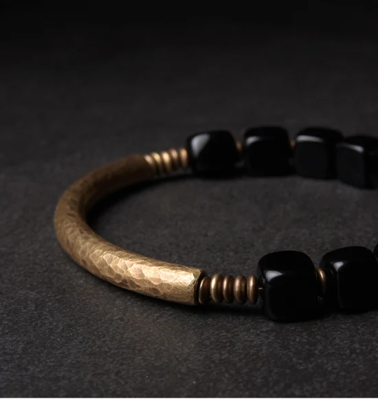 Cubic Black Obsidian Stone Golden Metal Bracelet With Handcrafted Antique Brass Accessories Trendy Jewelry for Male Female