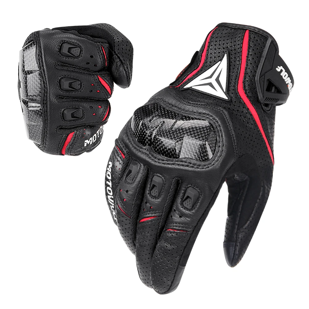 Motorcycle Leather Gloves Carbon Fibre Four Seasons Waterproof Touch Screen Non-slip Motorbike Gloves Perforated Ventilate