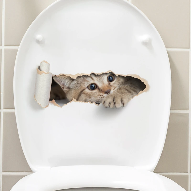 Torn Peeping Kitten Toilet Sticker 3D Effect Bathroom Toilet Seat Waterproof Sticker Self-Adhesive