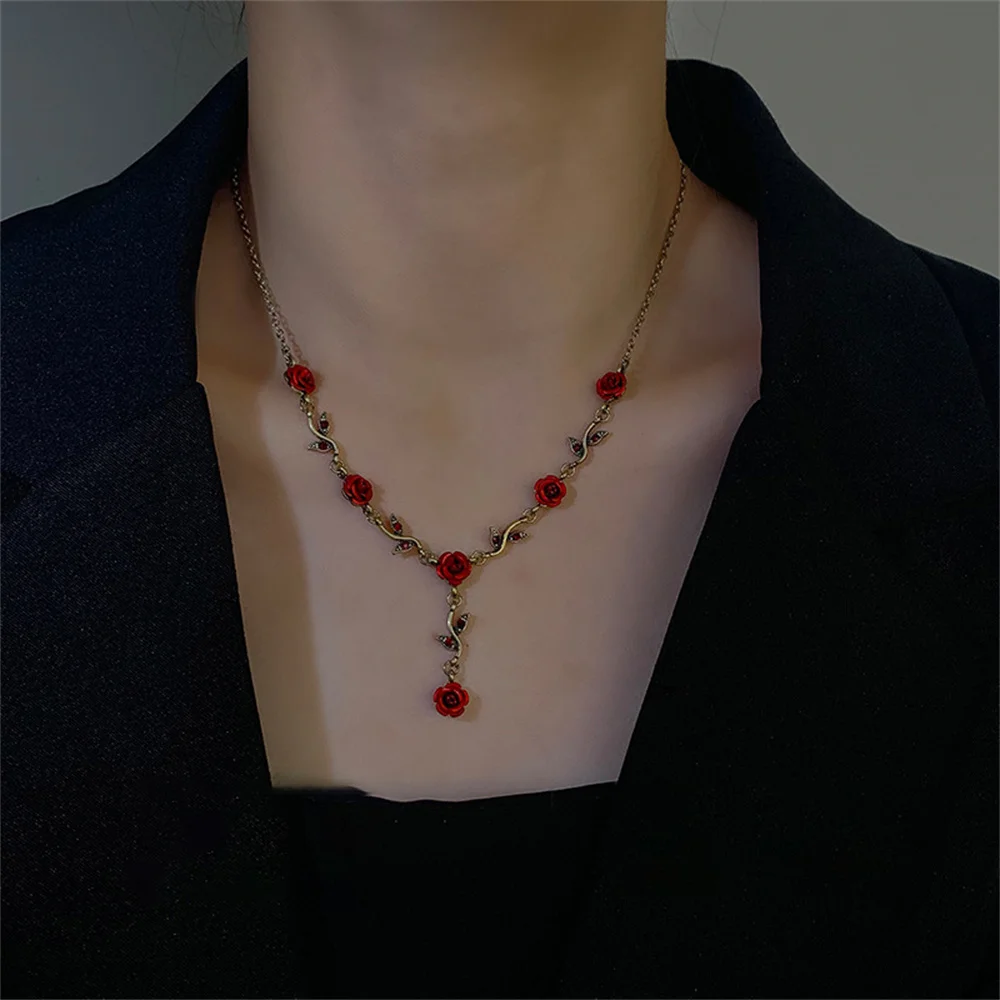 French Retro Bronze Color Y2K Necklace Gothic Red Rose Clavicle Chain Choker Acrylic Flower Pendant Elegant Jewelry Wholesale