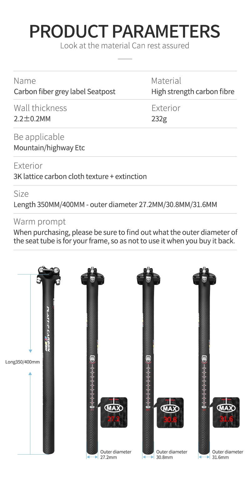 Carbon Bicycle Seatpost 27.2/30.8/31.6mm Matte Black MTB/Road Bike Seat Post Length 280mm Seat Tube Bicycle Parts