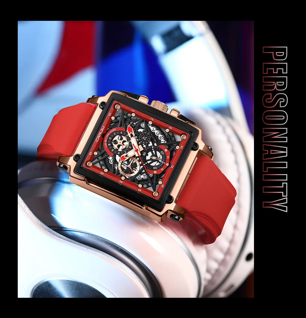 CRRJU Men's Sports Chronograph Wrist Watch For Men Army Silicone Strap Square Quartz Stop Watch Clock Man Relogios Masculino