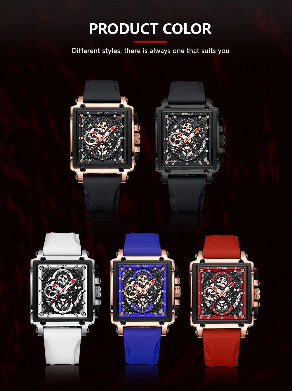 CRRJU Men's Sports Chronograph Wrist Watch For Men Army Silicone Strap Square Quartz Stop Watch Clock Man Relogios Masculino