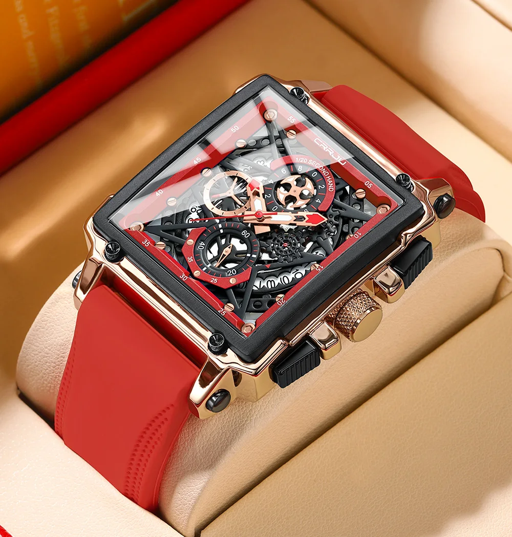 CRRJU Men's Sports Chronograph Wrist Watch For Men Army Silicone Strap Square Quartz Stop Watch Clock Man Relogios Masculino