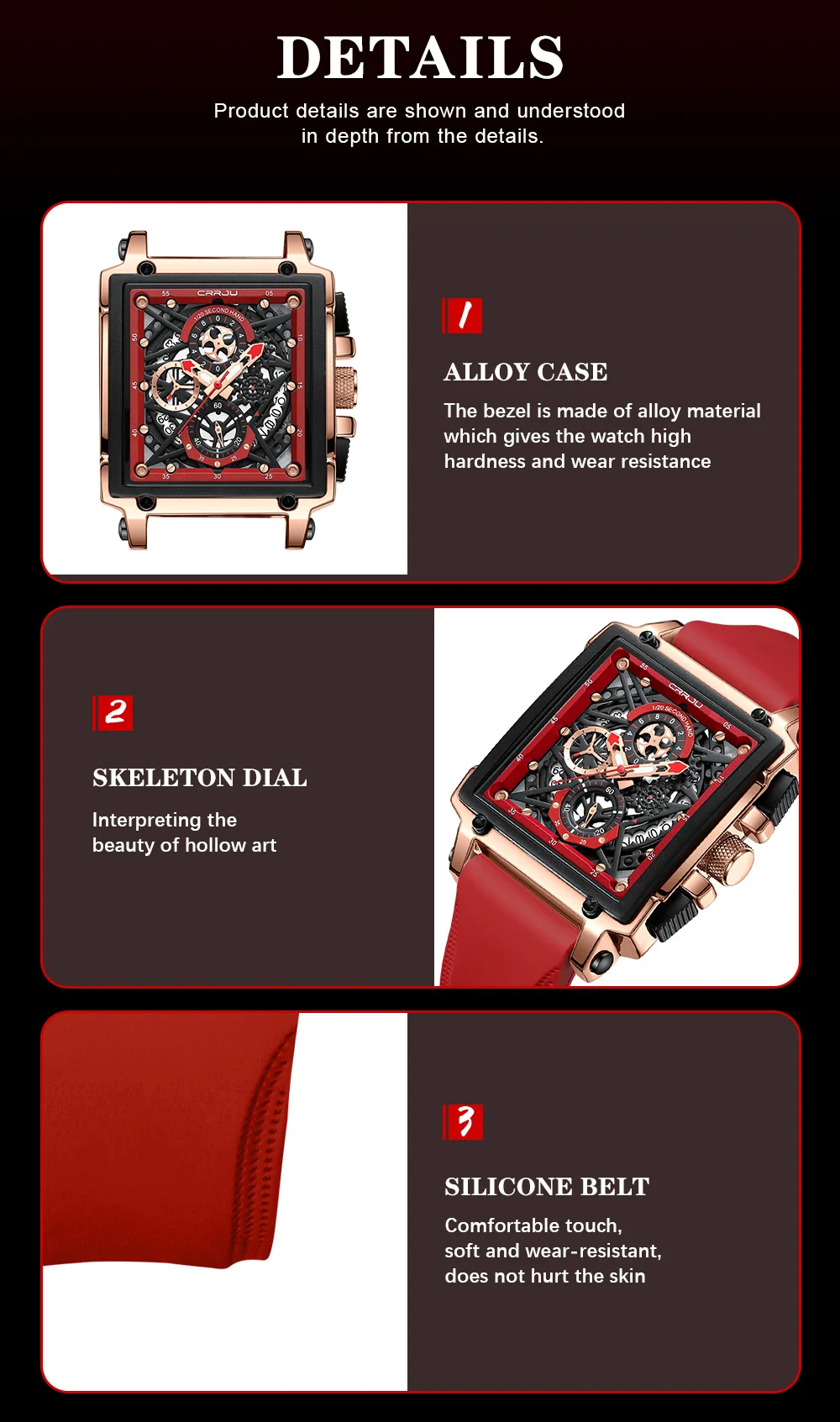 CRRJU Men's Sports Chronograph Wrist Watch For Men Army Silicone Strap Square Quartz Stop Watch Clock Man Relogios Masculino