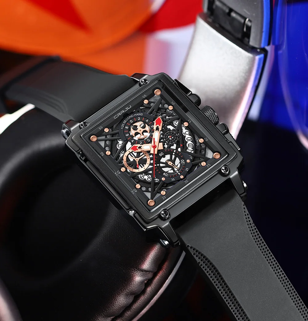 CRRJU Men's Sports Chronograph Wrist Watch For Men Army Silicone Strap Square Quartz Stop Watch Clock Man Relogios Masculino