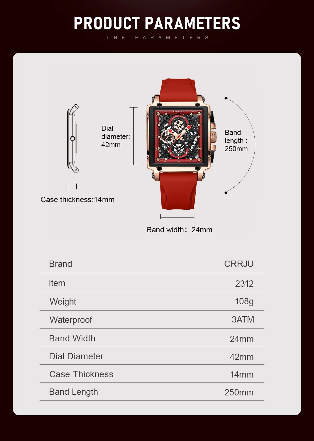 CRRJU Men's Sports Chronograph Wrist Watch For Men Army Silicone Strap Square Quartz Stop Watch Clock Man Relogios Masculino